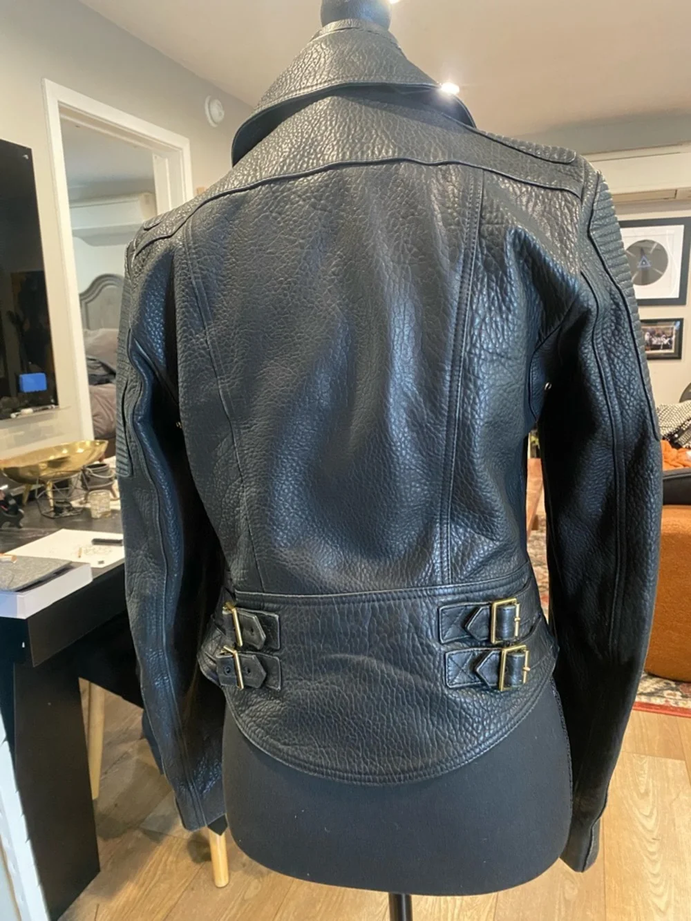 Burberry Black Leather Double-Breasted Moto Jacket with Gold Hardware - Picture 2 of 4